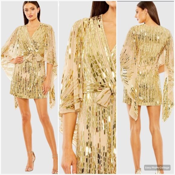 NWT Mac Duggal CAPE BACK GEOMETRIC SEQUIN ROBE DRESS M 8 10 - Picture 1 of 15